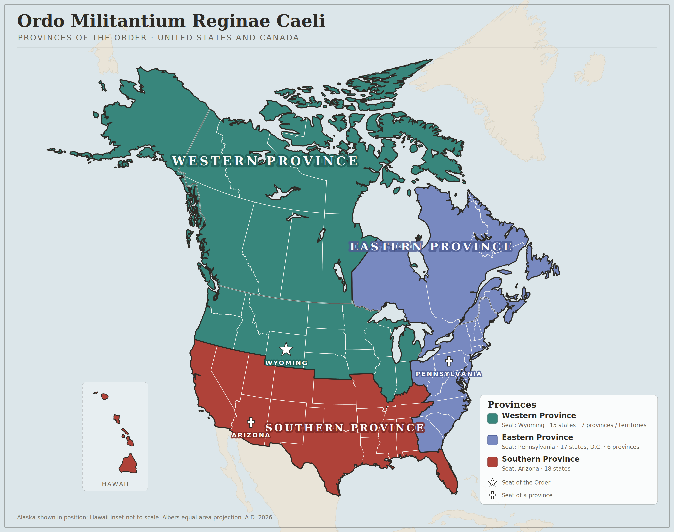 Map of the three provinces of the Ordo Militantium Reginae Caeli across the United States and Canada