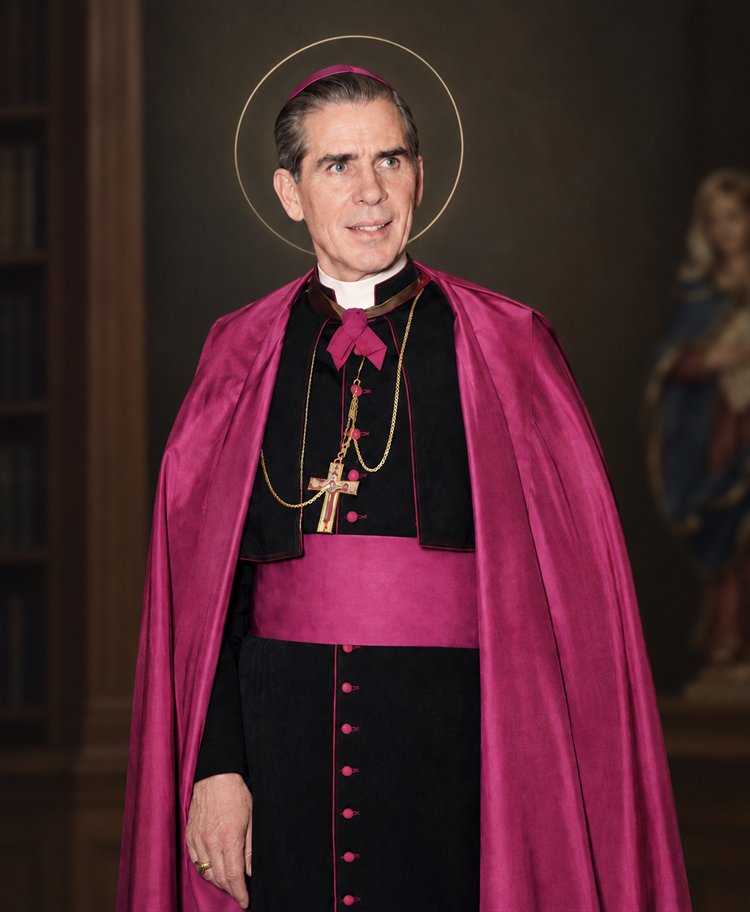 Blessed Fulton J. Sheen in choir dress with a halo, standing before a library beside an image of the Madonna and Child